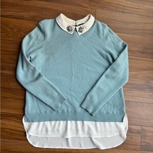 Elegant Blue Cashmere Sweater with Embellished Collar
